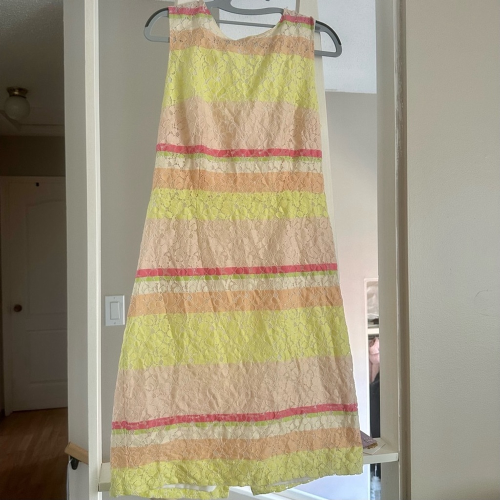 ANN TAYLOR Lace Sheath Dress~Pink Yellow Stripe~Sleeveless Lined Midi 10 - Picture 4 of 10